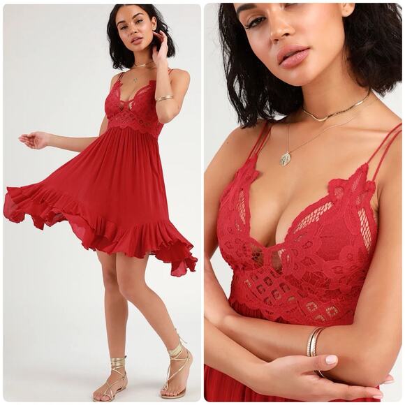 FREE PEOPLE Adella Slip Dress Red Lace Boho Chic Crochet Ruffled Asymmetrical XS - Picture 1 of 14